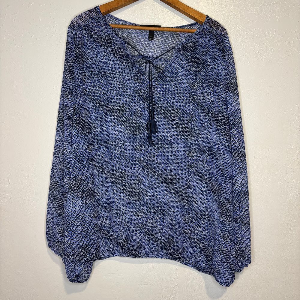 Lane Bryant Sheer Blue Black Geometric Long Sleeve Blouse Tassel Womens Sz 22 24